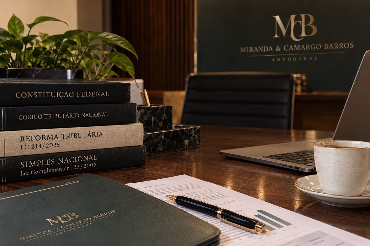 Mesa de trabalho com livros jurídicos sobre a reforma tributária